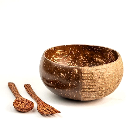 Eco Friendly Coconut Shell HAND CARVED BOWL WITH CUTLERY-1