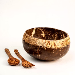 eco friendly coconut shell rough top bowl with cutlery