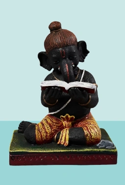 Black &amp; Golden Fibre Study Ganpati With Book Showpiece-12513098