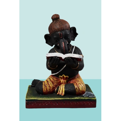 Black & Golden Fibre Study Ganpati With Book Showpiece