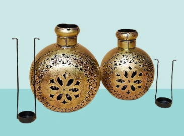 Golden &amp; Black Vase Style Metal Tea Light Holder Set-12513102