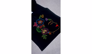 Hand-Embroidered Nature Inspired Face Art Women’s Black Cotton T-Shirt