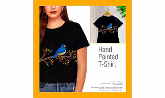 Hand Painted Women's Blue Jay Bird on Black Cotton T-Shirt