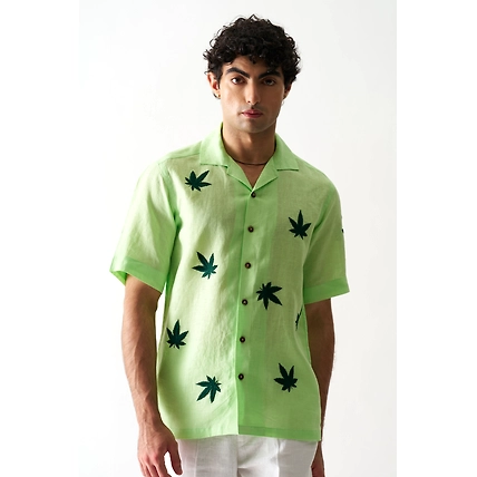 High on Cannabis - Hand embroidered unisex linen shirt-12390474