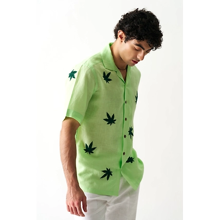 High on Cannabis - Hand embroidered unisex linen shirt-1