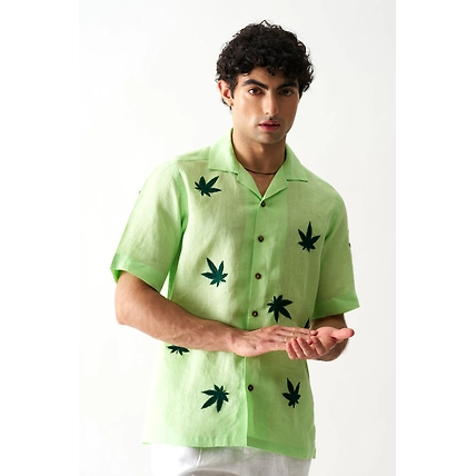 High on Cannabis - Hand embroidered unisex linen shirt-2