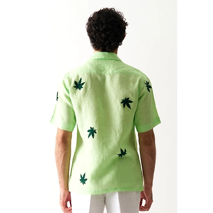 High on Cannabis - Hand embroidered unisex linen shirt-3