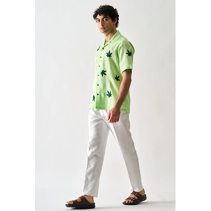 High on Cannabis - Hand embroidered unisex linen shirt-4