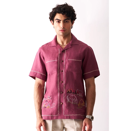 Cowboy's Courtyard - Hand Embroidered Unisex Linen Shirt-12390546