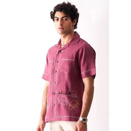 Cowboy's Courtyard - Hand Embroidered Unisex Linen Shirt-1