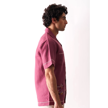 Cowboy's Courtyard - Hand Embroidered Unisex Linen Shirt-2