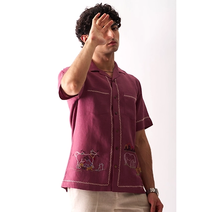 Cowboy's Courtyard - Hand Embroidered Unisex Linen Shirt-3