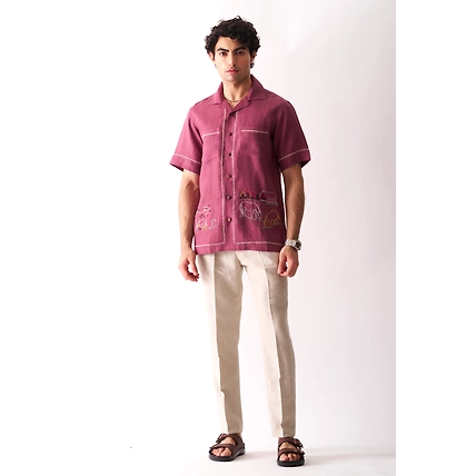 Cowboy's Courtyard - Hand Embroidered Unisex Linen Shirt-4