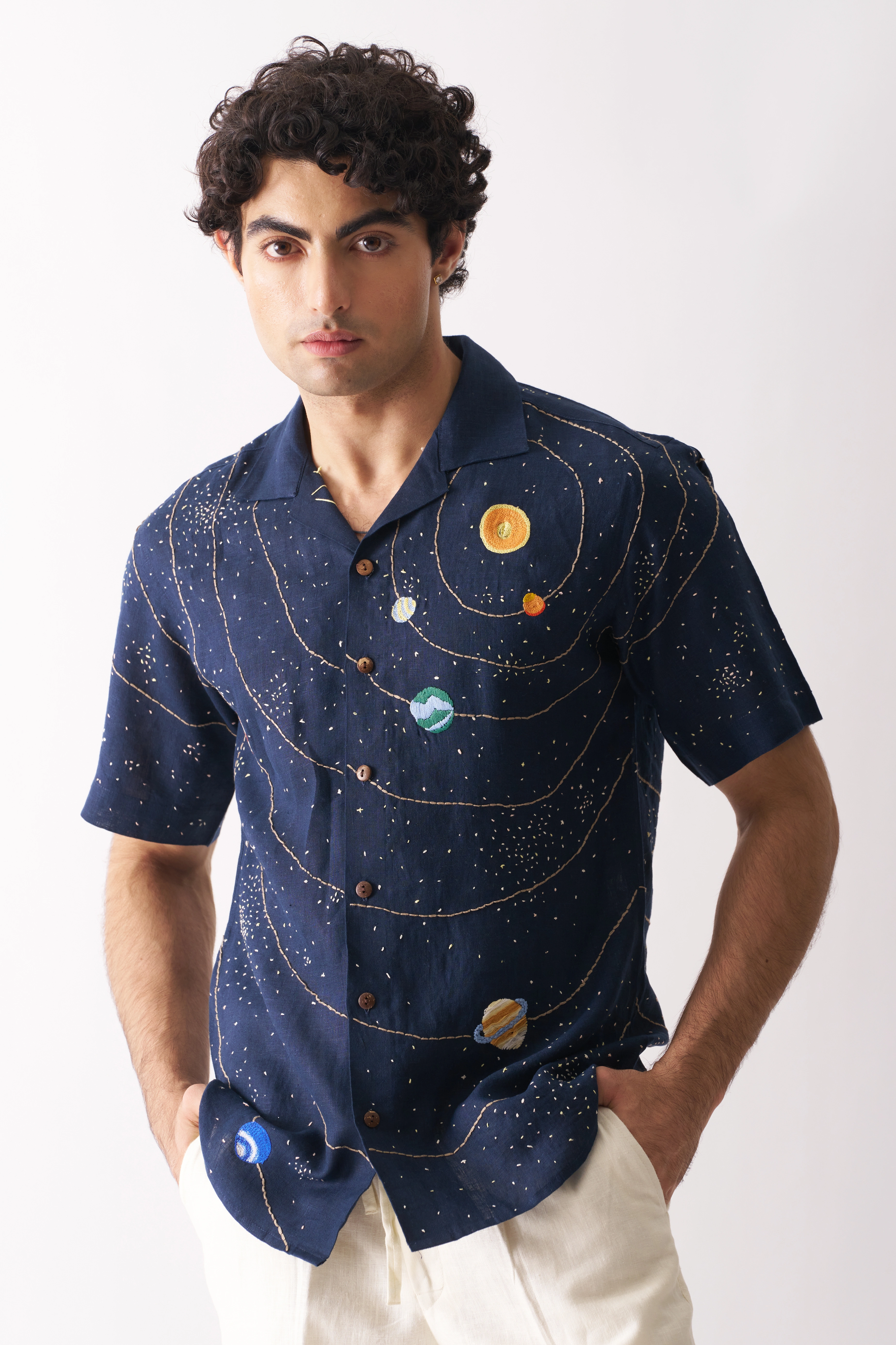 Celestial Panorama - Hand Embroidered Unisex Linen Shirt-12390566