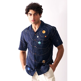 Celestial Panorama - Hand Embroidered Unisex Linen Shirt