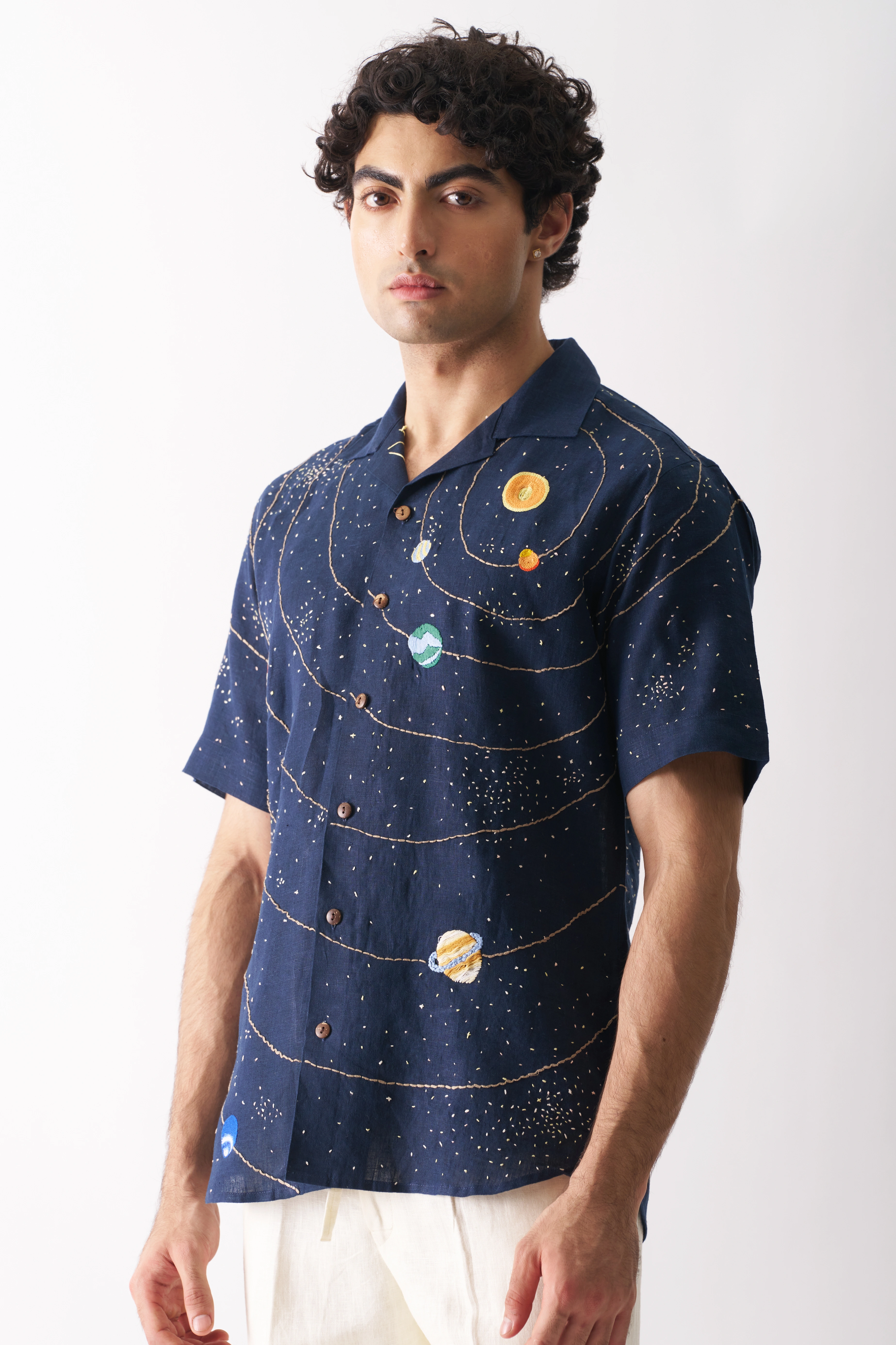 Celestial Panorama - Hand Embroidered Unisex Linen Shirt-1