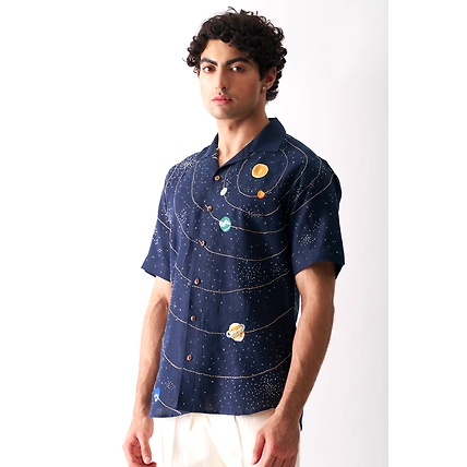 Celestial Panorama - Hand Embroidered Unisex Linen Shirt-1