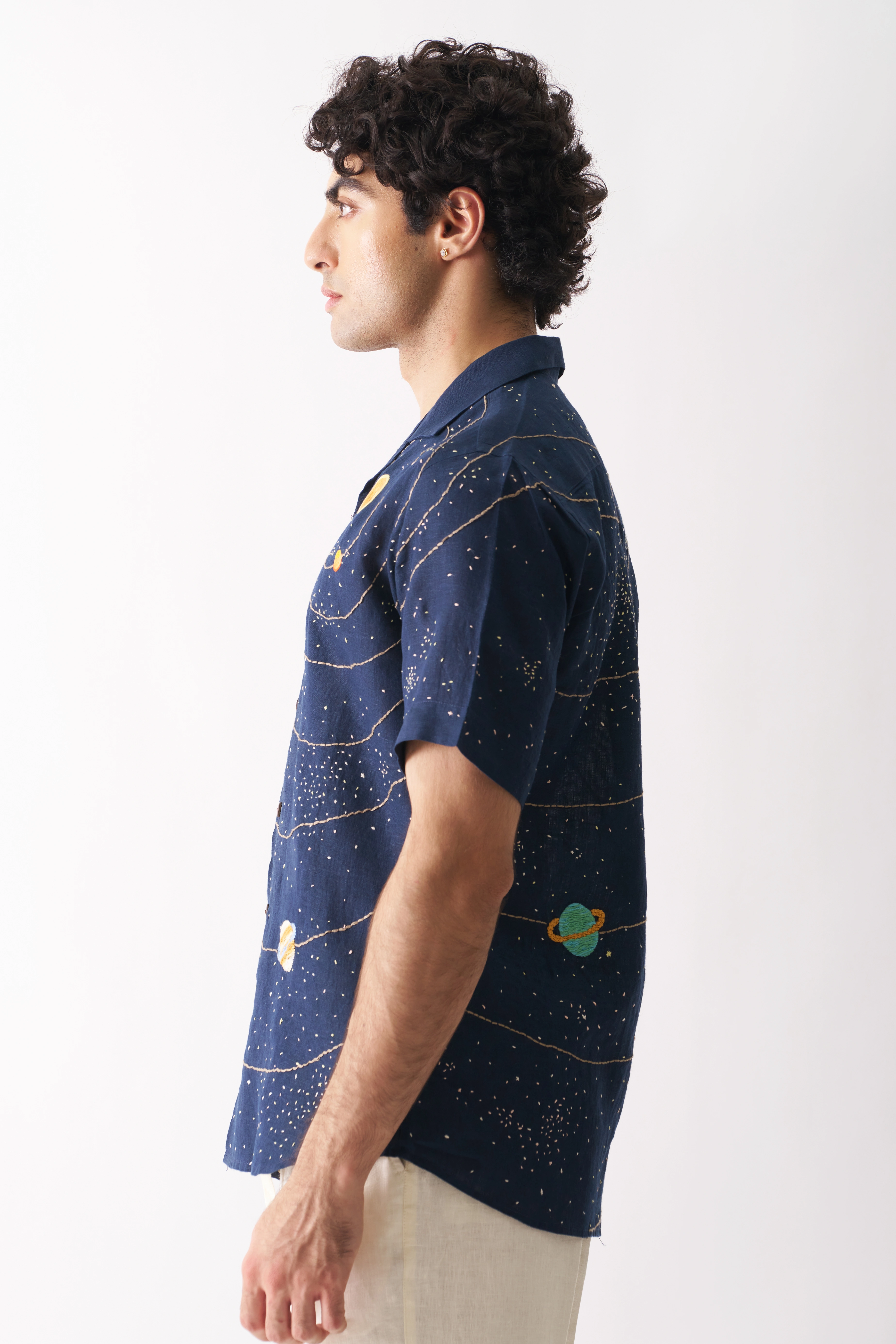 Celestial Panorama - Hand Embroidered Unisex Linen Shirt-2