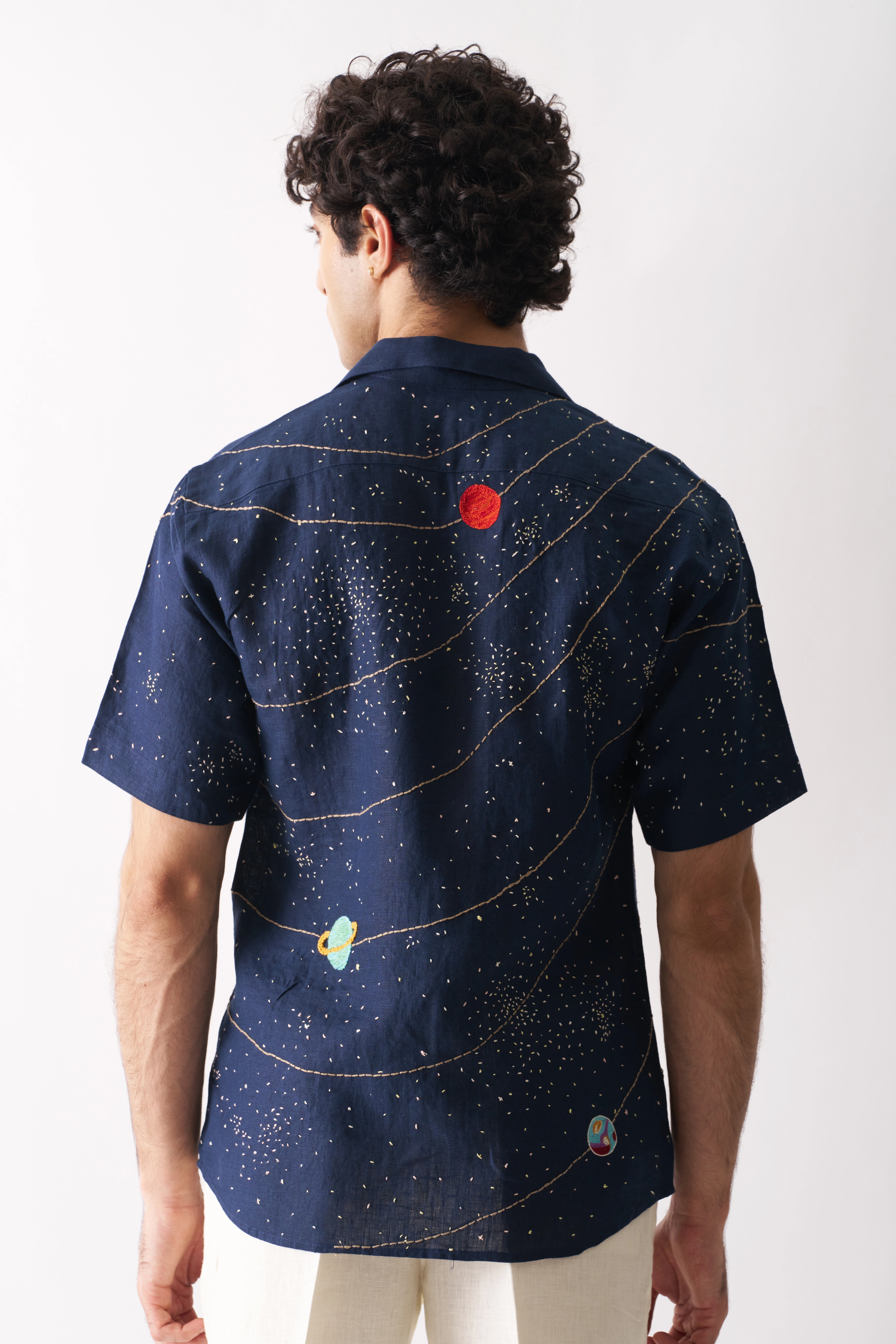 Celestial Panorama - Hand Embroidered Unisex Linen Shirt-3