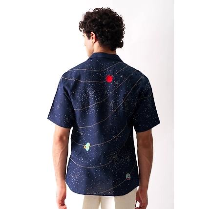 Celestial Panorama - Hand Embroidered Unisex Linen Shirt-3