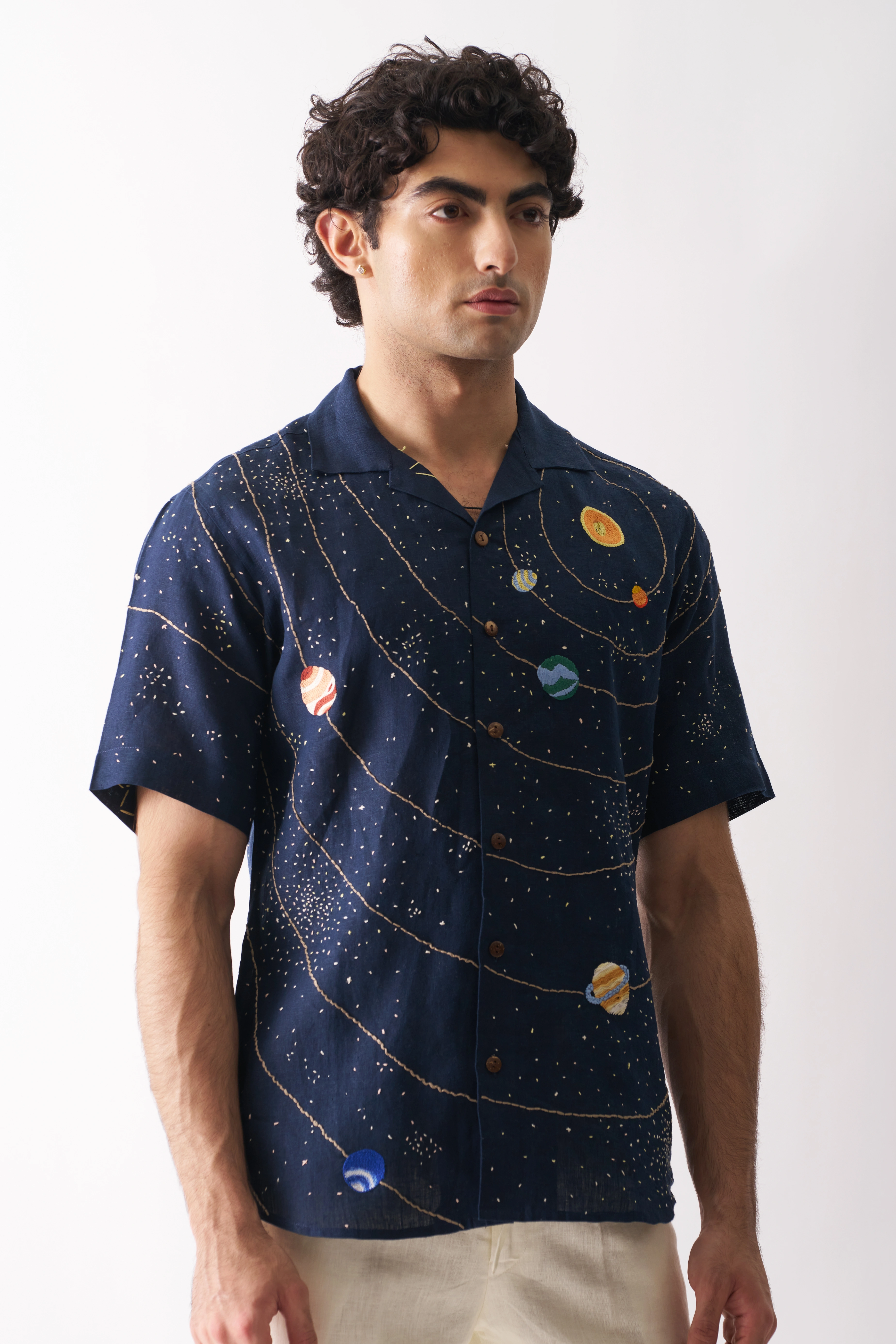 Celestial Panorama - Hand Embroidered Unisex Linen Shirt-5