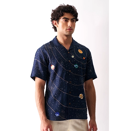 Celestial Panorama - Hand Embroidered Unisex Linen Shirt-5