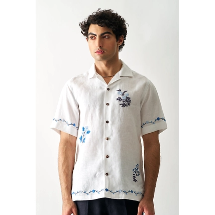Blossom Cascade - Hand Embroidered Unisex Linen Shirt-12390724