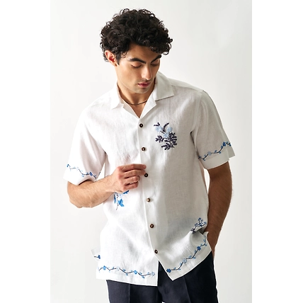 Blossom Cascade - Hand Embroidered Unisex Linen Shirt-4