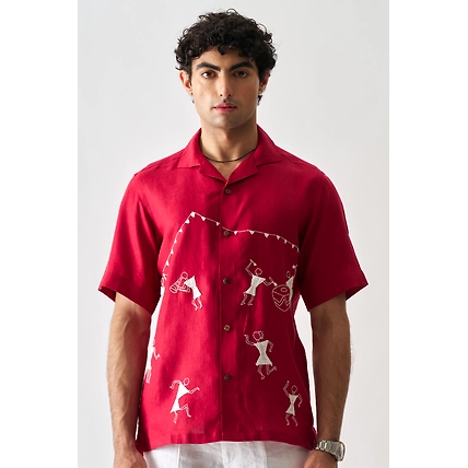 Tribal Tales - Hand Embroidered Unisex Pure Linen Shirt-12390730