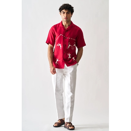 Tribal Tales - Hand Embroidered Unisex Pure Linen Shirt-4
