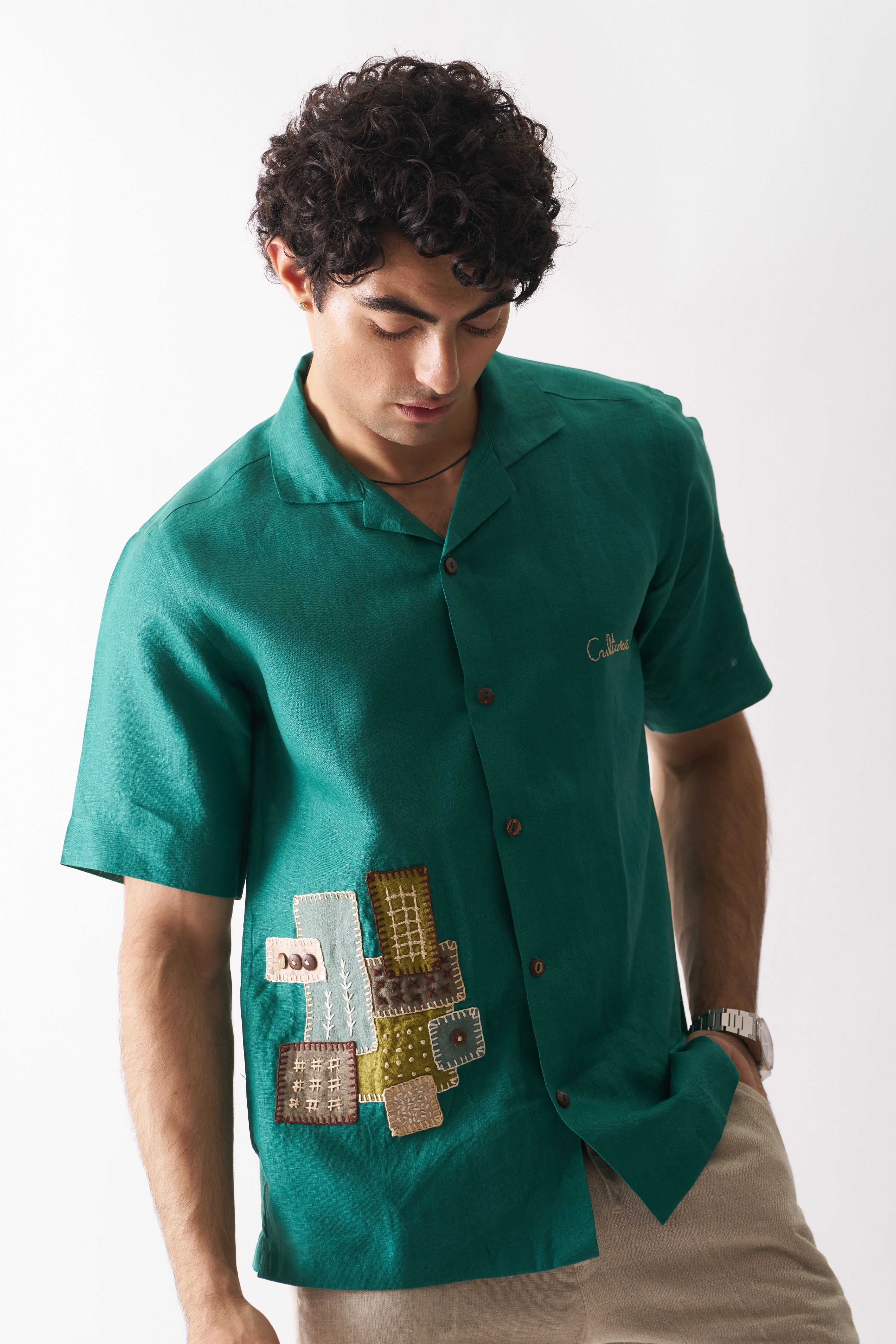 That Green Applique Shirt - Hand Embroidered Unisex Linen Shirt-12390734