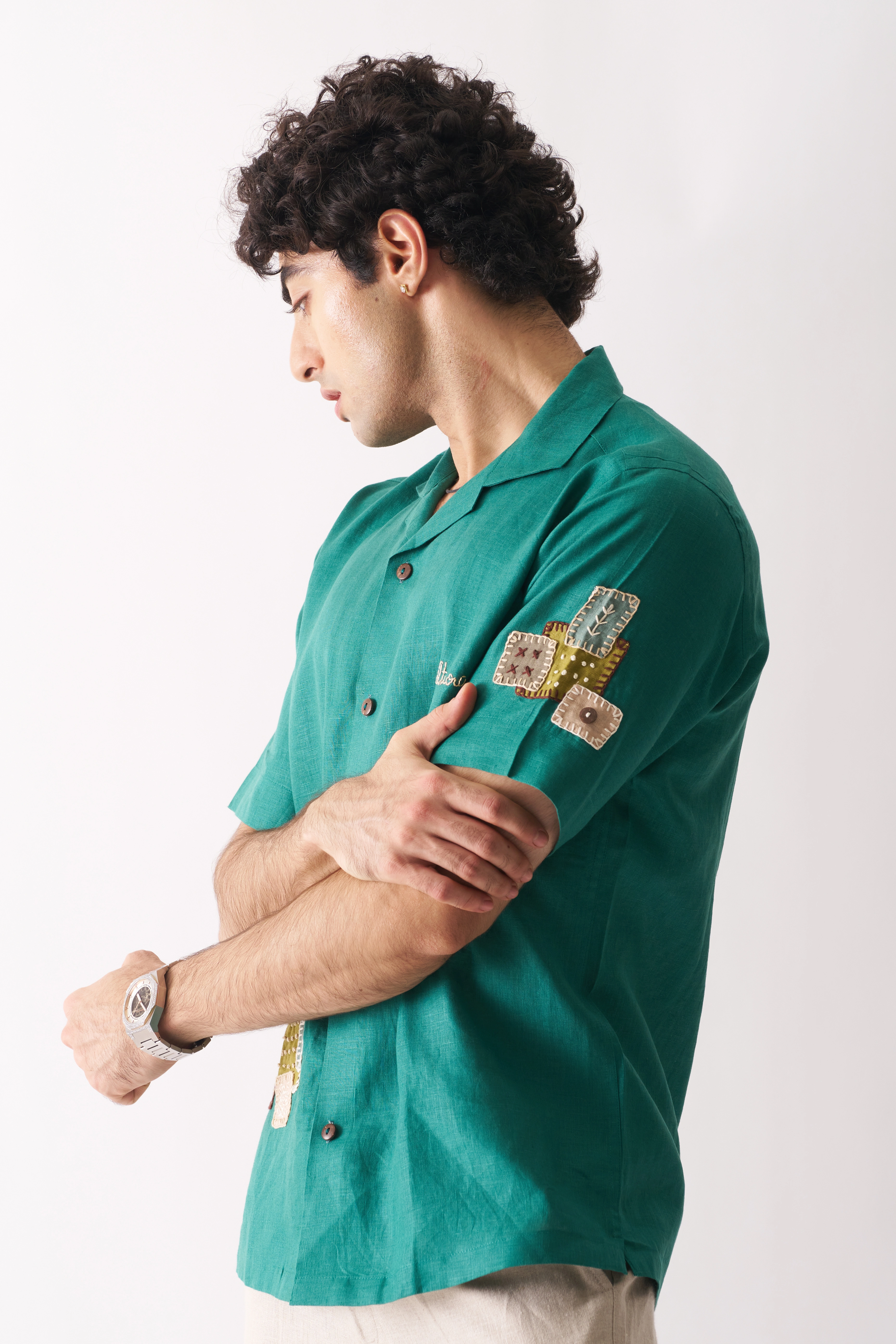 That Green Applique Shirt - Hand Embroidered Unisex Linen Shirt-1