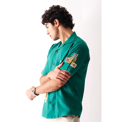 That Green Applique Shirt - Hand Embroidered Unisex Linen Shirt-1