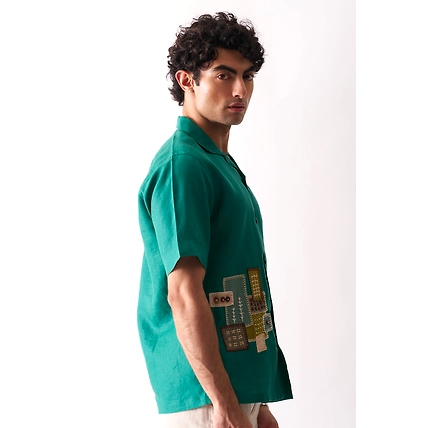 That Green Applique Shirt - Hand Embroidered Unisex Linen Shirt-3
