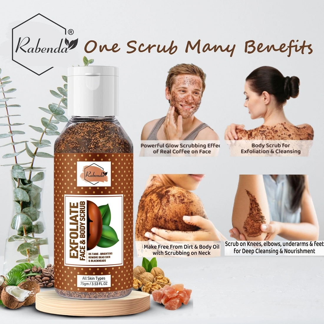 RABENDA Exfoliate Coffee Scrub for Face, Neck, Elbows, De-Tan &amp; Body, Blackhead Remover Scrub  (75 g)-3