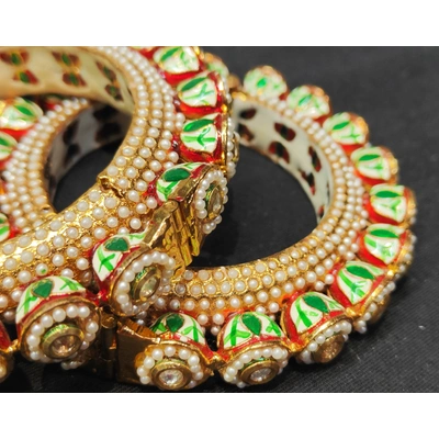 Kundan Bangles/Kadas(Navratan Jaipuri Bangle Hand-setted with Jadau Pearls in Gold Plating)