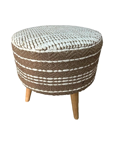 WHITE AND BROWN COTTON COVER AND WOOD STOOL-12405288