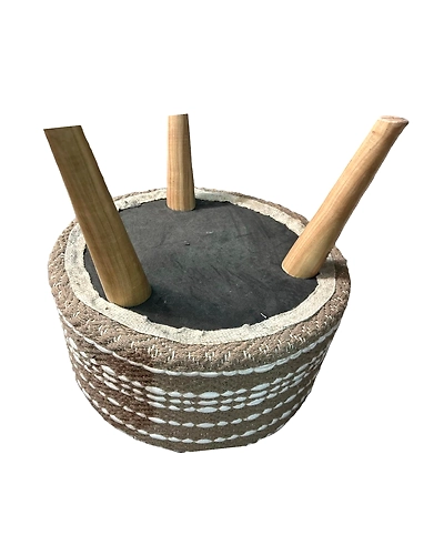 WHITE AND BROWN COTTON COVER AND WOOD STOOL-1