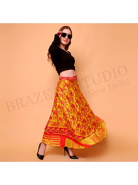 Brazeal Studio, Skirt, Yellow With Red Multicolor Ethnic Print, Long Skirt / Maxi Skirt