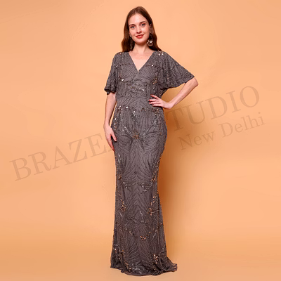 brazeal studio, dresse, grey with tonal embellishment detailing, evening gown / party wear dress