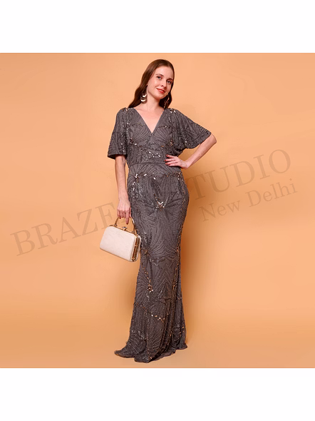 Brazeal Studio, Dresse, Grey With Tonal Embellishment Detailing, Evening Gown / Party Wear Dress-6