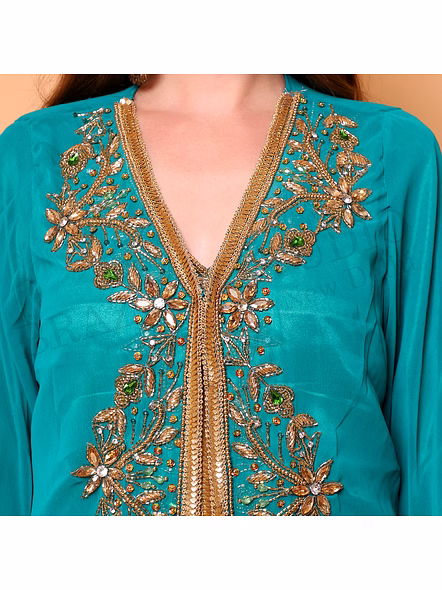 Brazeal Studio, Dresse, Teal With Gold Embellishment Work, Kaftan Gown / Ethnic Occasion Wear