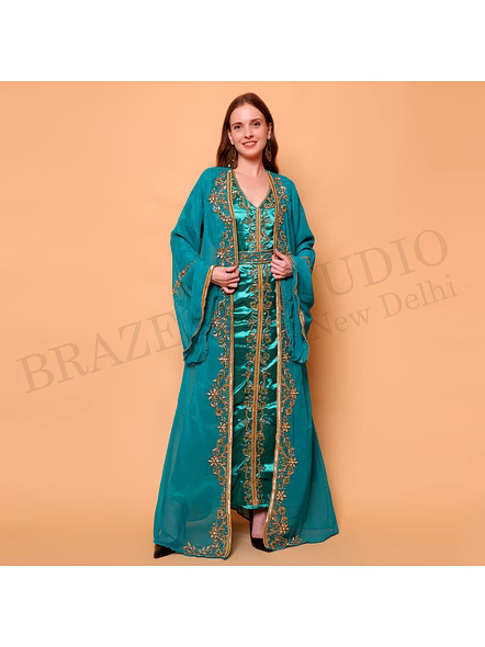 Brazeal Studio, Dresse, Teal With Gold Embellishment Work, Kaftan Gown / Ethnic Occasion Wear