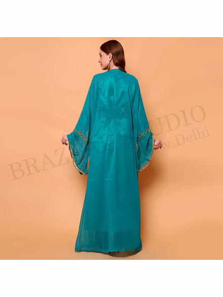 Brazeal Studio, Dresse, Teal With Gold Embellishment Work, Kaftan Gown / Ethnic Occasion Wear-3