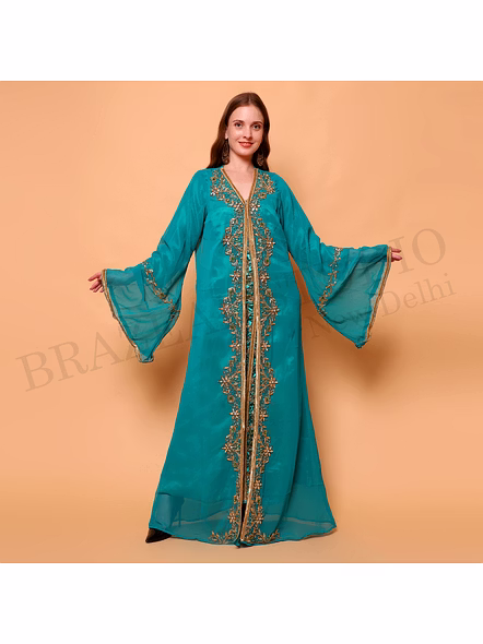 Brazeal Studio, Dresse, Teal With Gold Embellishment Work, Kaftan Gown / Ethnic Occasion Wear-5