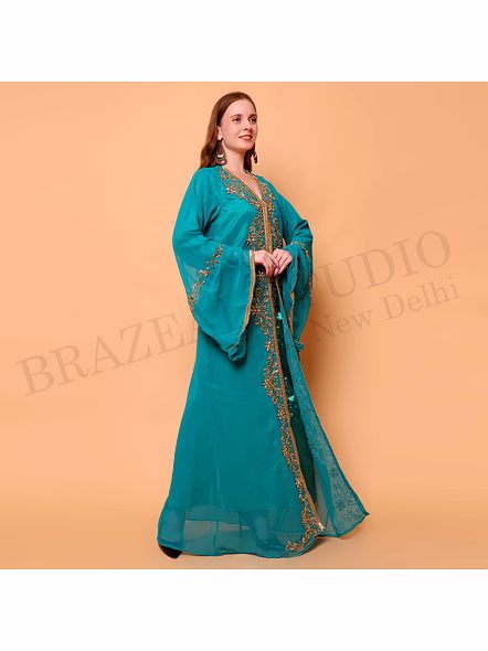 Brazeal Studio, Dresse, Teal With Gold Embellishment Work, Kaftan Gown / Ethnic Occasion Wear-7