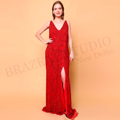 brazeal studio, dresse, red with tonal sequin and embroidery embellishment, evening gown / party wear dress