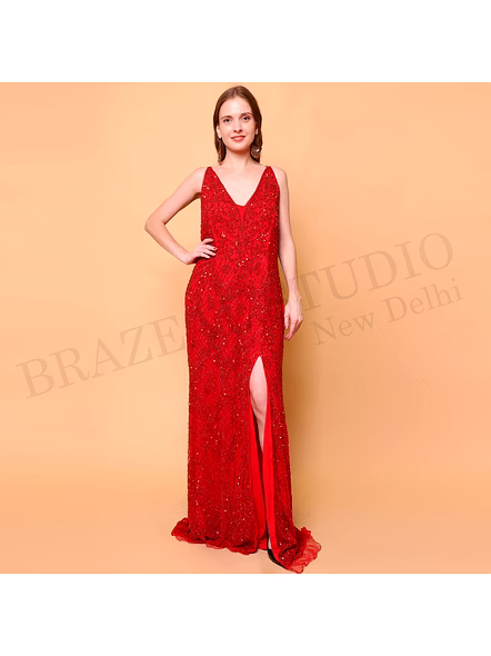 Brazeal Studio, Dresse, Red With Tonal Sequin And Embroidery Embellishment, Evening Gown / Party Wear Dress
