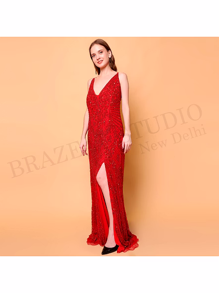 Brazeal Studio, Dresse, Red With Tonal Sequin And Embroidery Embellishment, Evening Gown / Party Wear Dress