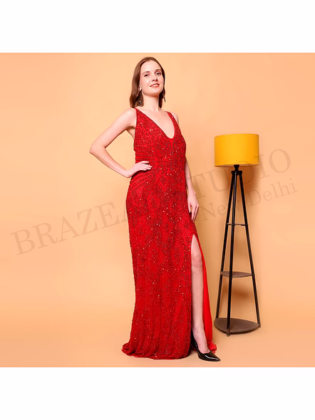 Brazeal Studio, Dresse, Red With Tonal Sequin And Embroidery Embellishment, Evening Gown / Party Wear Dress-5